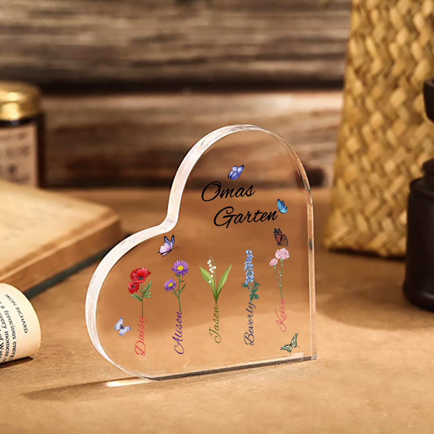 Personalisierte 5 Namen & Text & Geburtsblume Herz Acryl-Deko–Omas Garten– Schreibtischdekoration für Großmütter