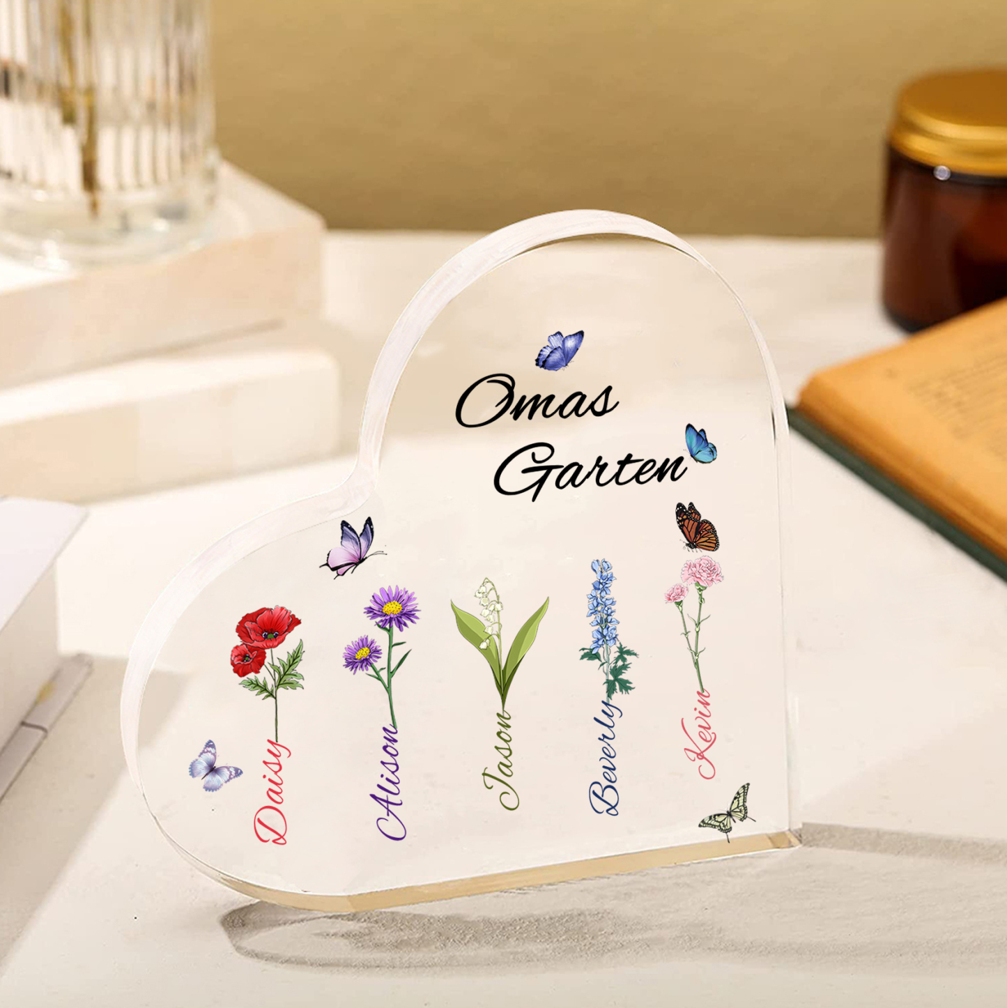 Personalisierte 5 Namen & Text & Geburtsblume Herz Acryl-Deko–Omas Garten– Schreibtischdekoration für Großmütter