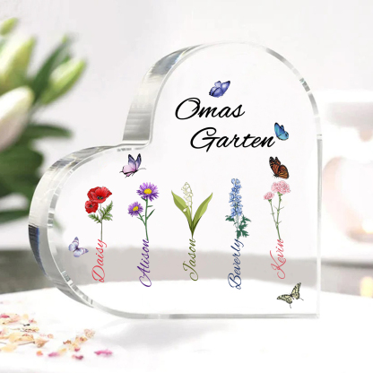 Personalisierte 5 Namen & Text & Geburtsblume Herz Acryl-Deko–Omas Garten– Schreibtischdekoration für Großmütter