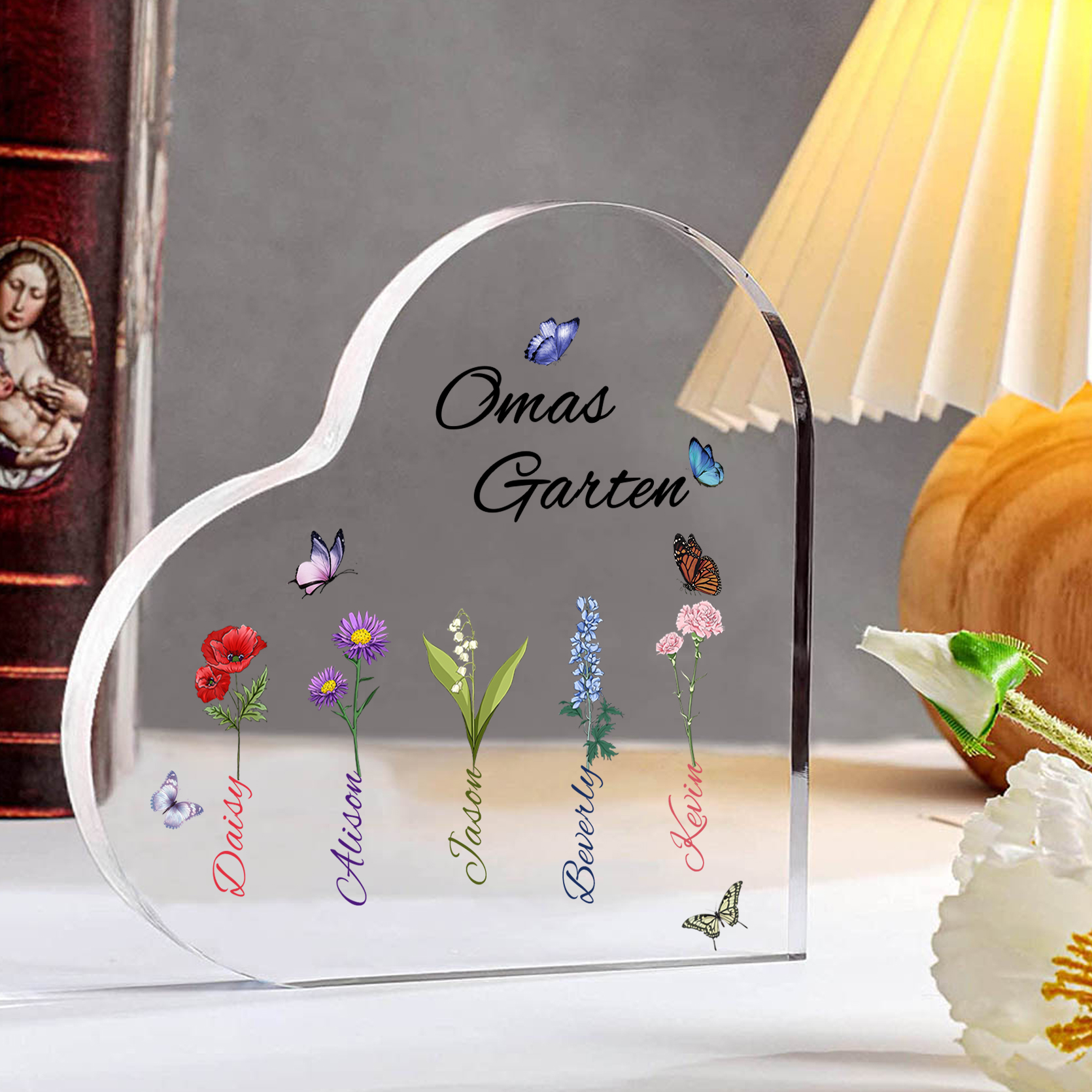 Personalisierte 5 Namen & Text & Geburtsblume Herz Acryl-Deko–Omas Garten– Schreibtischdekoration für Großmütter