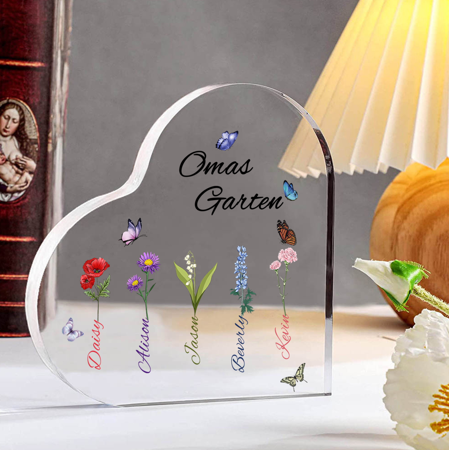 Personalisierte 5 Namen & Text & Geburtsblume Herz Acryl-Deko–Omas Garten– Schreibtischdekoration für Großmütter