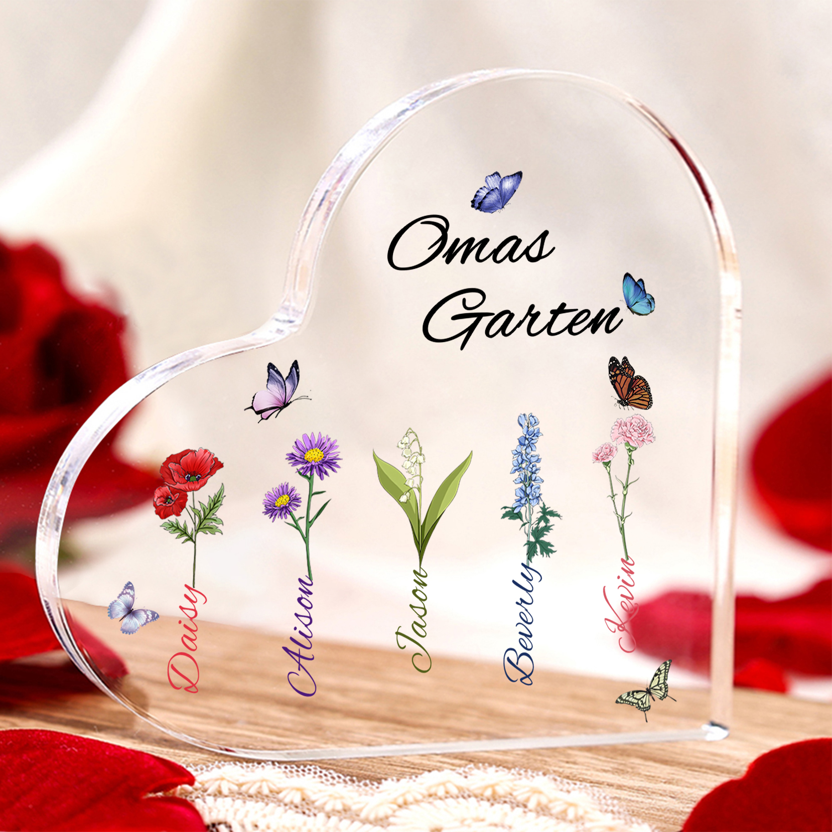 Personalisierte 5 Namen & Text & Geburtsblume Herz Acryl-Deko–Omas Garten– Schreibtischdekoration für Großmütter