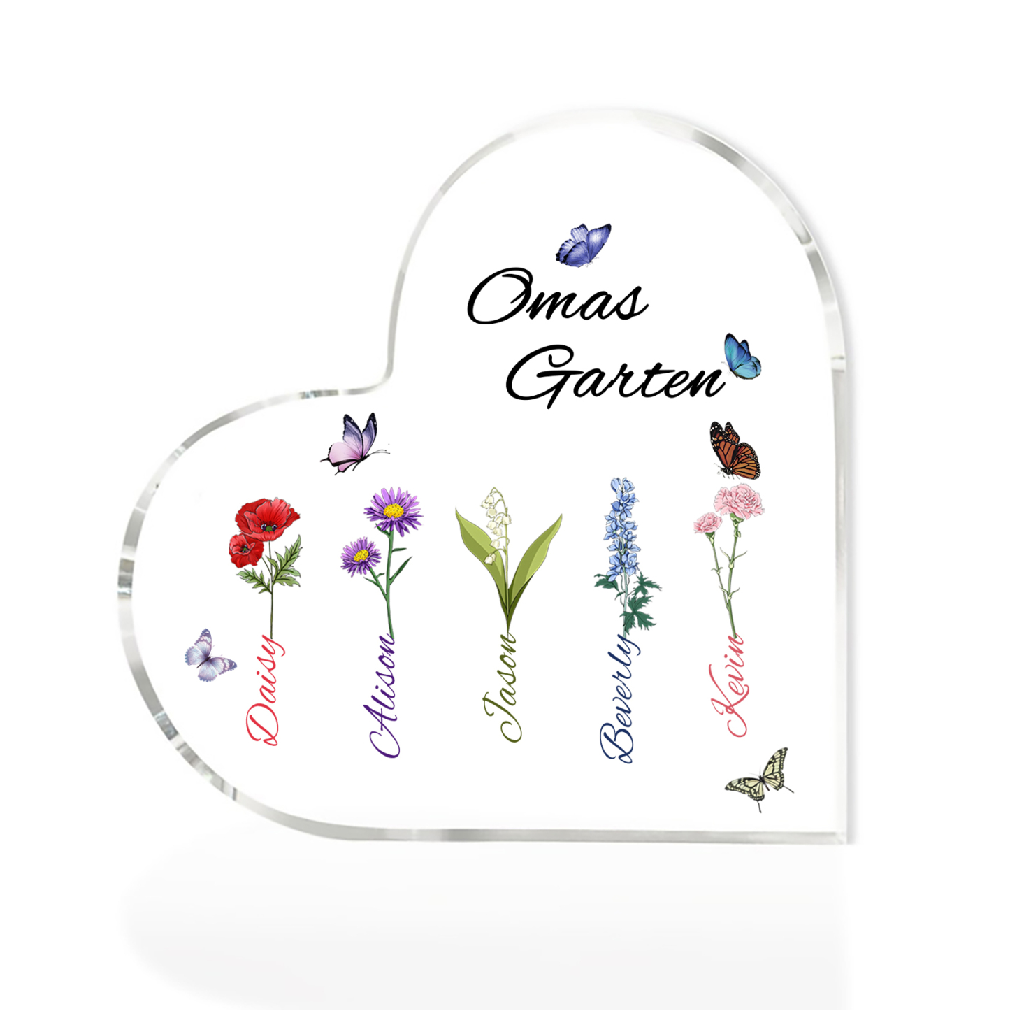 Personalisierte 5 Namen & Text & Geburtsblume Herz Acryl-Deko–Omas Garten– Schreibtischdekoration für Großmütter