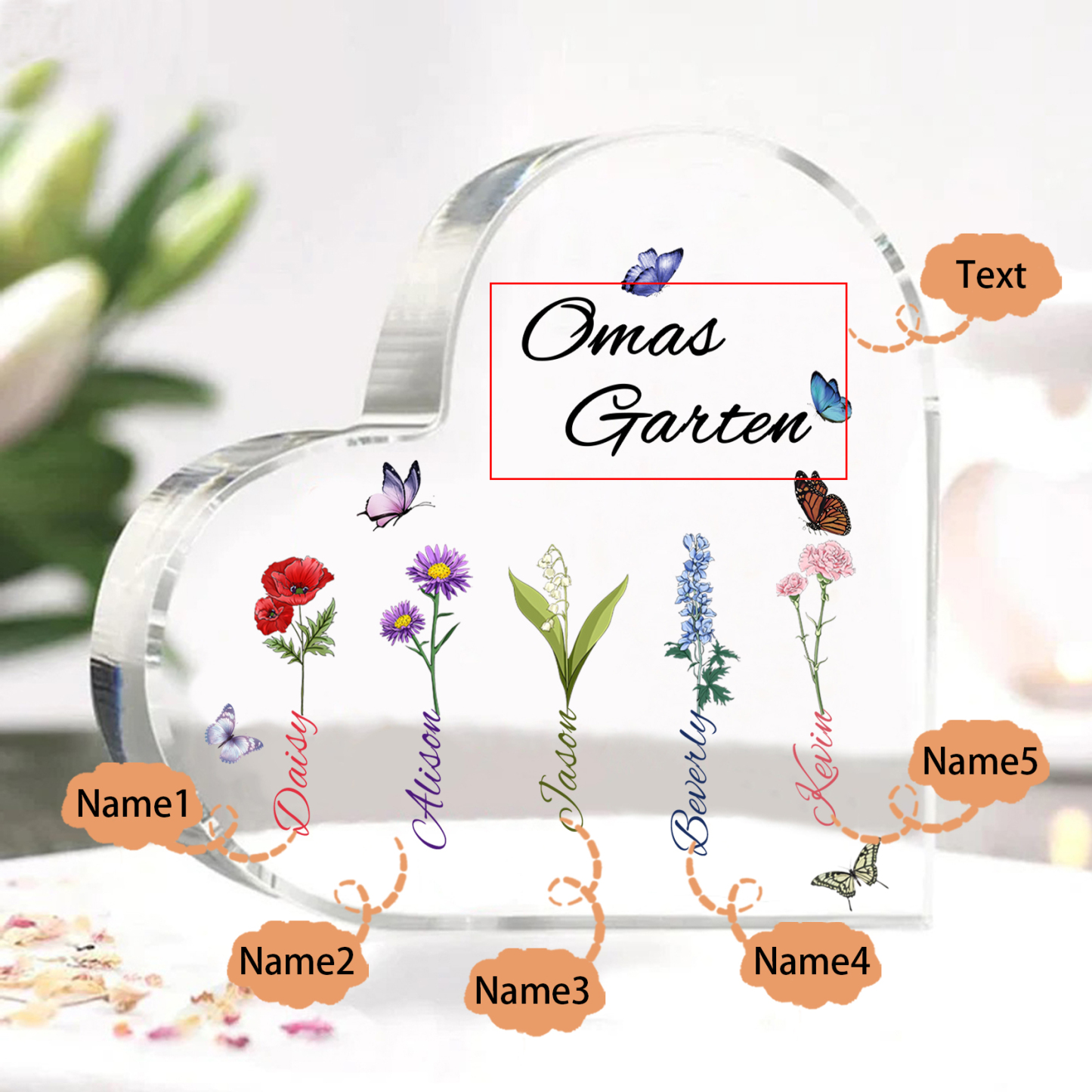 Personalisierte 5 Namen & Text & Geburtsblume Herz Acryl-Deko–Omas Garten– Schreibtischdekoration für Großmütter
