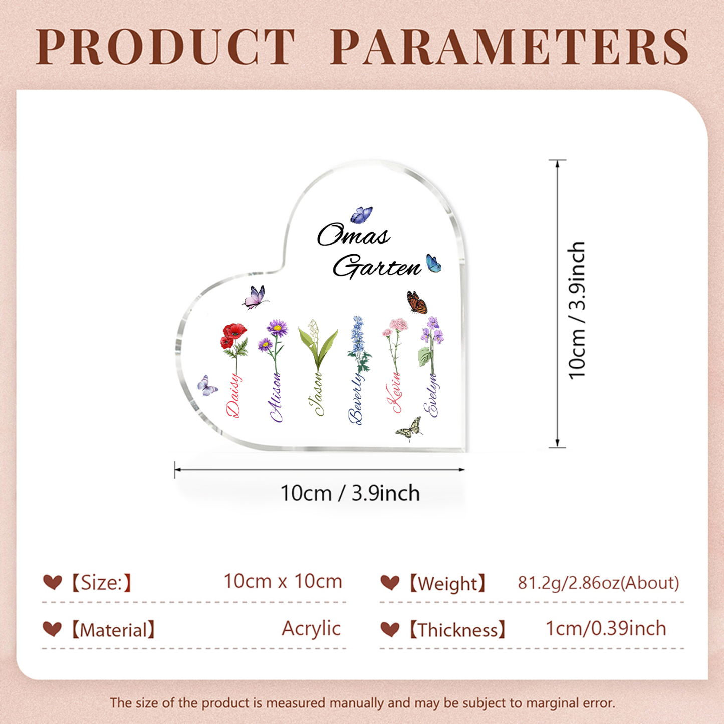 Personalisierte 6 Namen & Text & Geburtsblume Herz Acryl-Deko–Omas Garten– Schreibtischdekoration für Großmütter