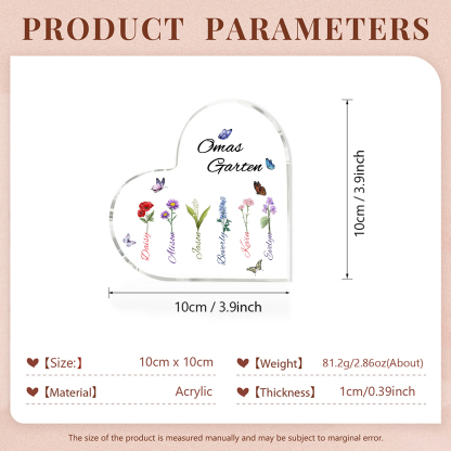 Personalisierte 6 Namen & Text & Geburtsblume Herz Acryl-Deko–Omas Garten– Schreibtischdekoration für Großmütter