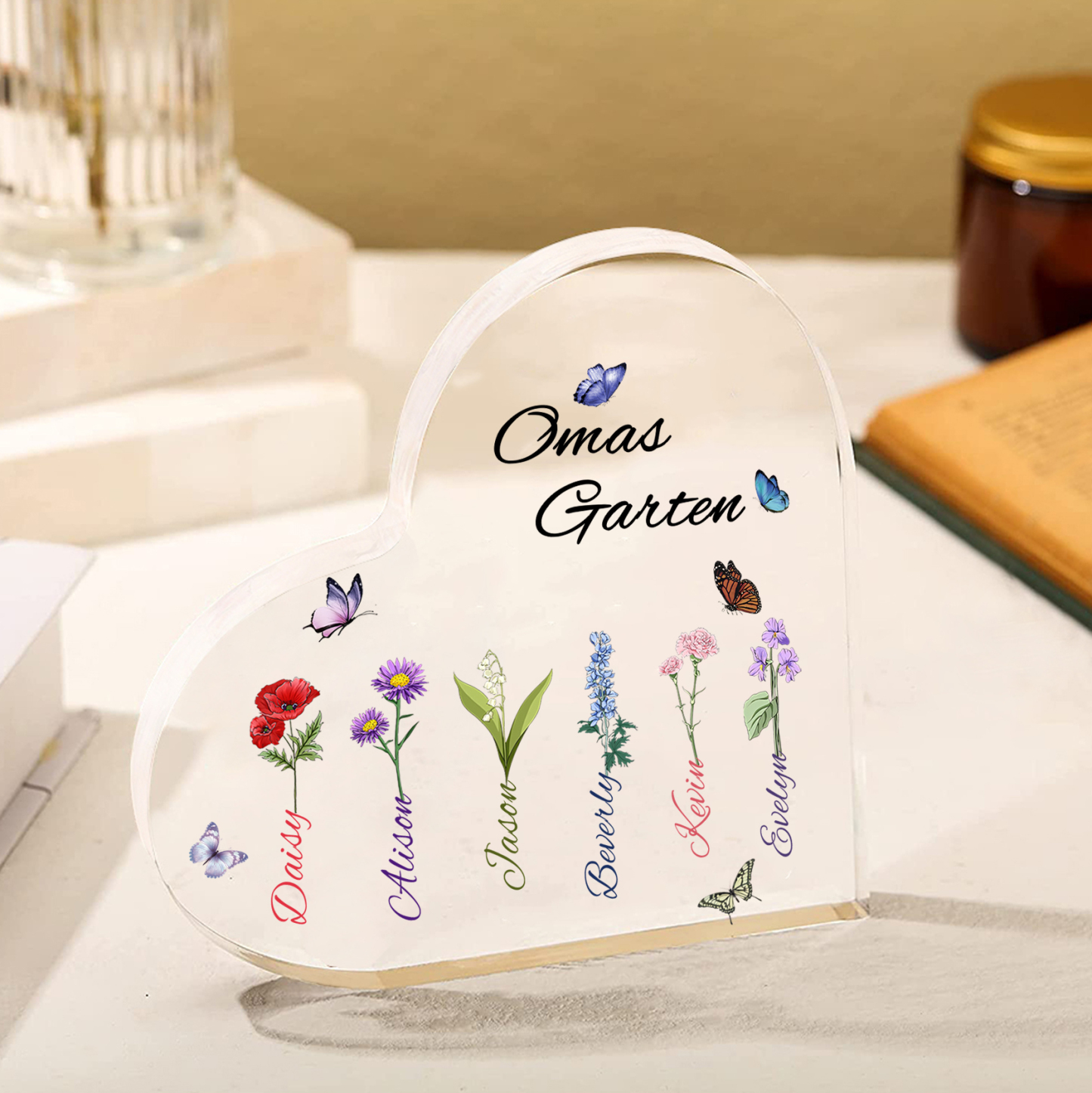 Personalisierte 6 Namen & Text & Geburtsblume Herz Acryl-Deko–Omas Garten– Schreibtischdekoration für Großmütter