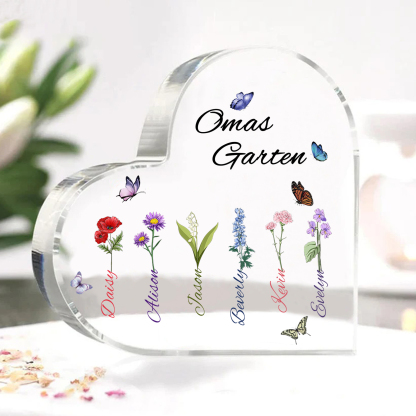 Personalisierte 6 Namen & Text & Geburtsblume Herz Acryl-Deko–Omas Garten– Schreibtischdekoration für Großmütter