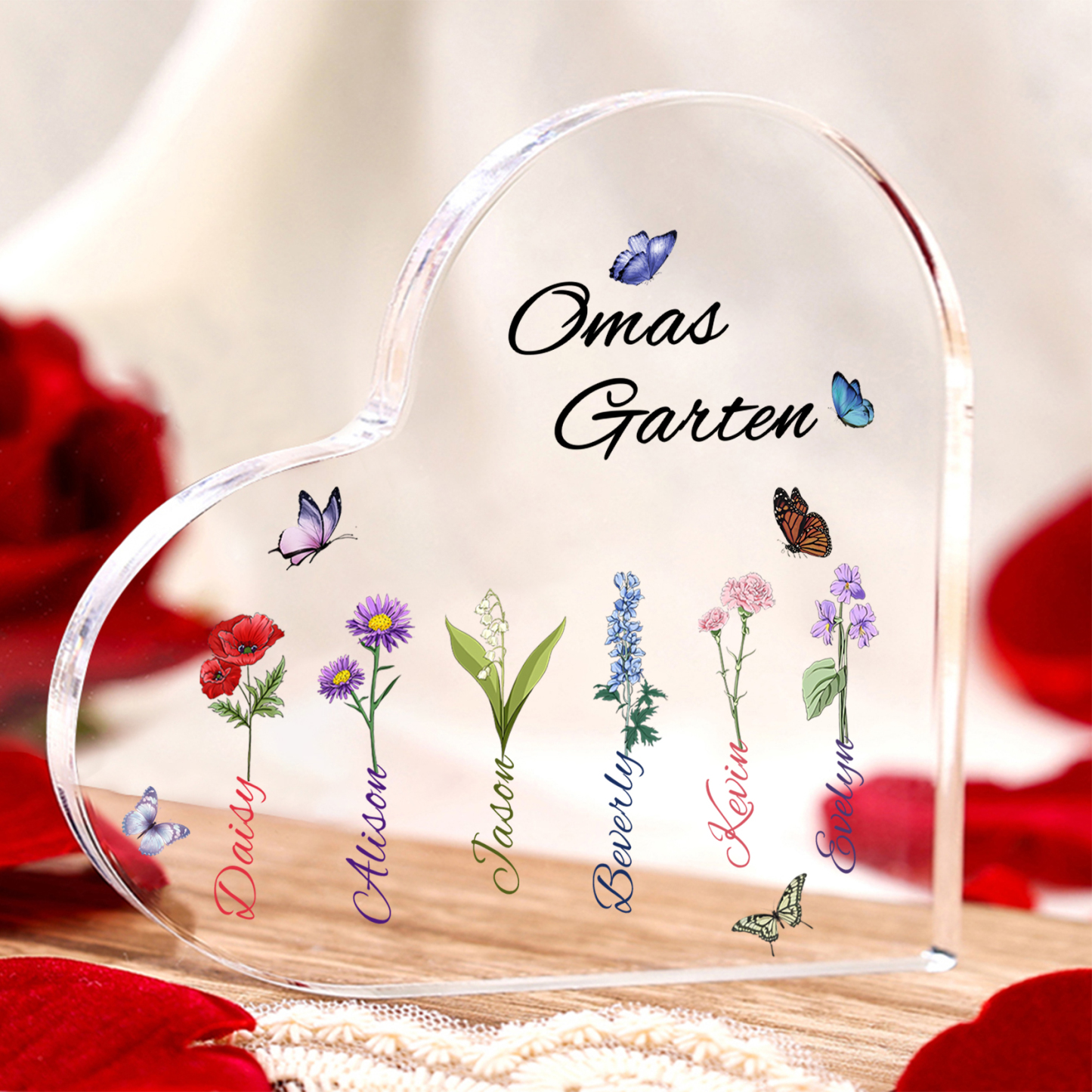 Personalisierte 6 Namen & Text & Geburtsblume Herz Acryl-Deko–Omas Garten– Schreibtischdekoration für Großmütter