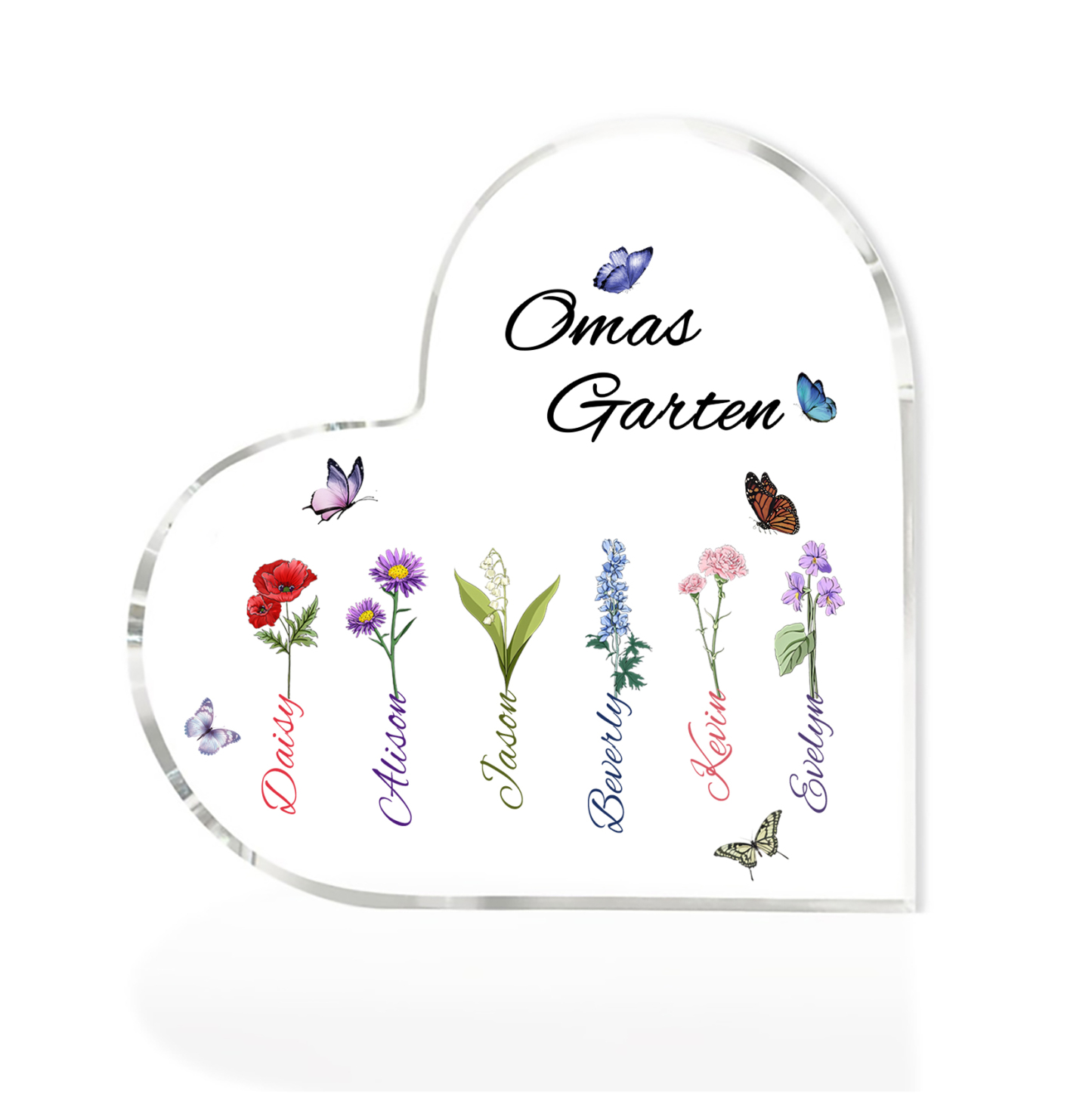 Personalisierte 6 Namen & Text & Geburtsblume Herz Acryl-Deko–Omas Garten– Schreibtischdekoration für Großmütter