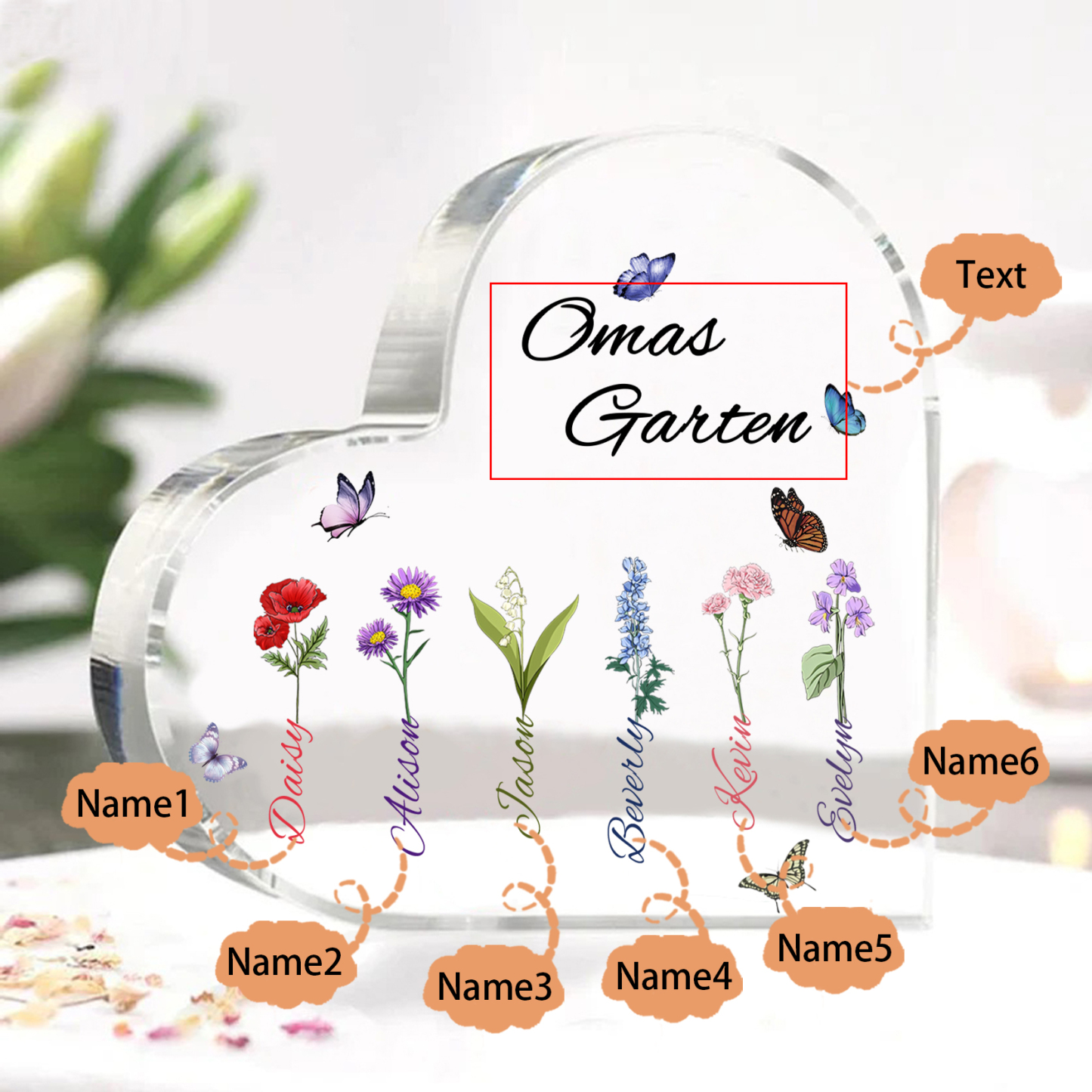 Personalisierte 6 Namen & Text & Geburtsblume Herz Acryl-Deko–Omas Garten– Schreibtischdekoration für Großmütter