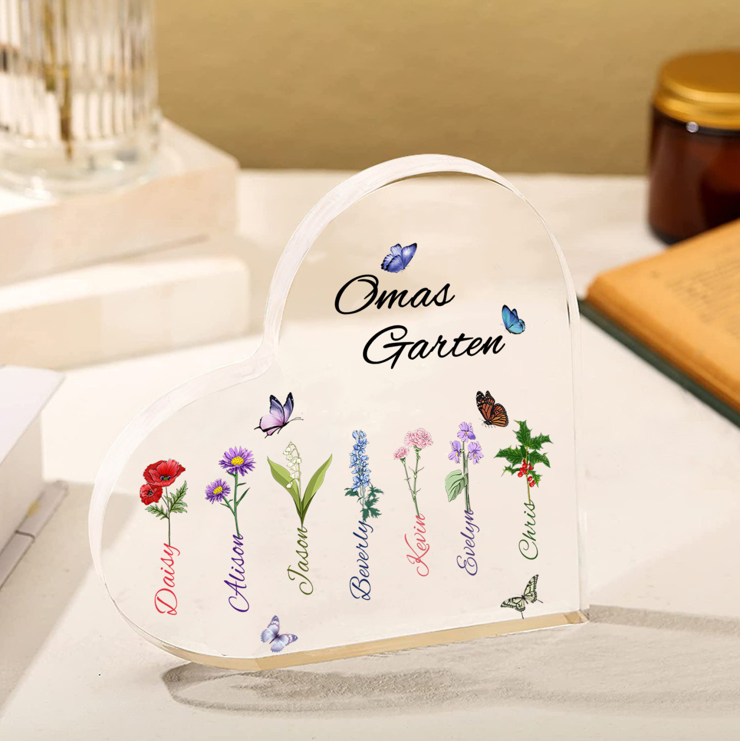 Personalisierte 7 Namen & Text & Geburtsblume Herz Acryl-Deko–Omas Garten– Schreibtischdekoration für Großmütter