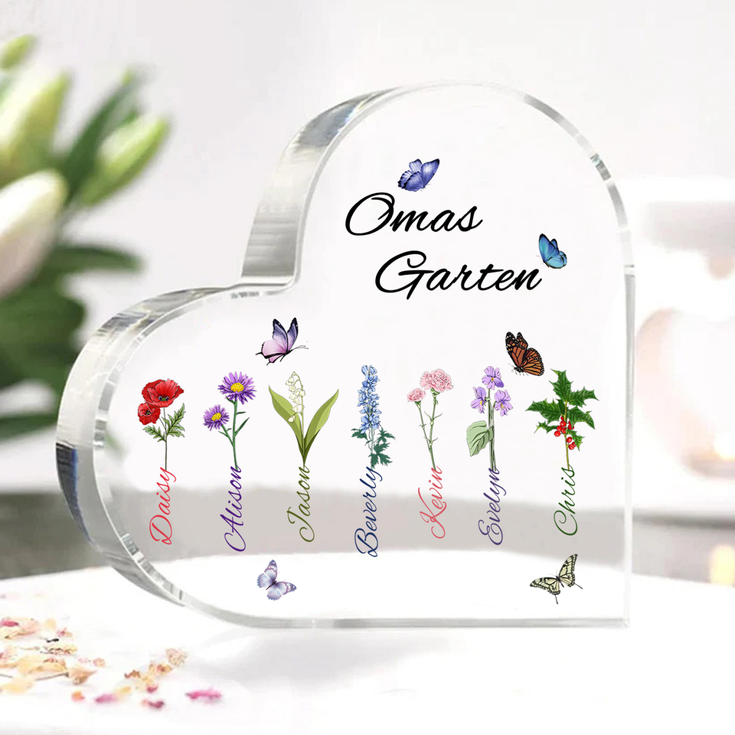 Personalisierte 7 Namen & Text & Geburtsblume Herz Acryl-Deko–Omas Garten– Schreibtischdekoration für Großmütter