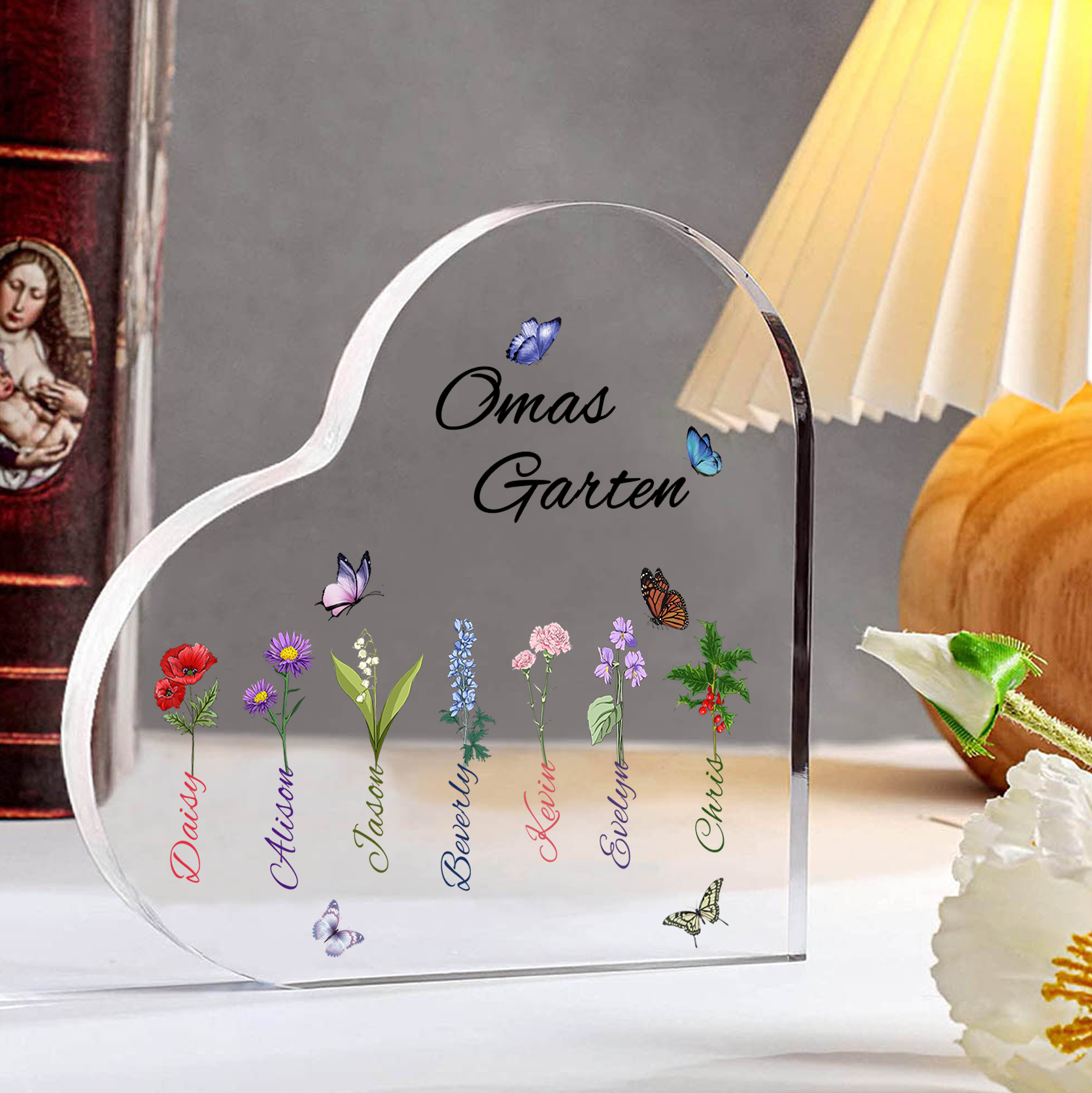 Personalisierte 7 Namen & Text & Geburtsblume Herz Acryl-Deko–Omas Garten– Schreibtischdekoration für Großmütter