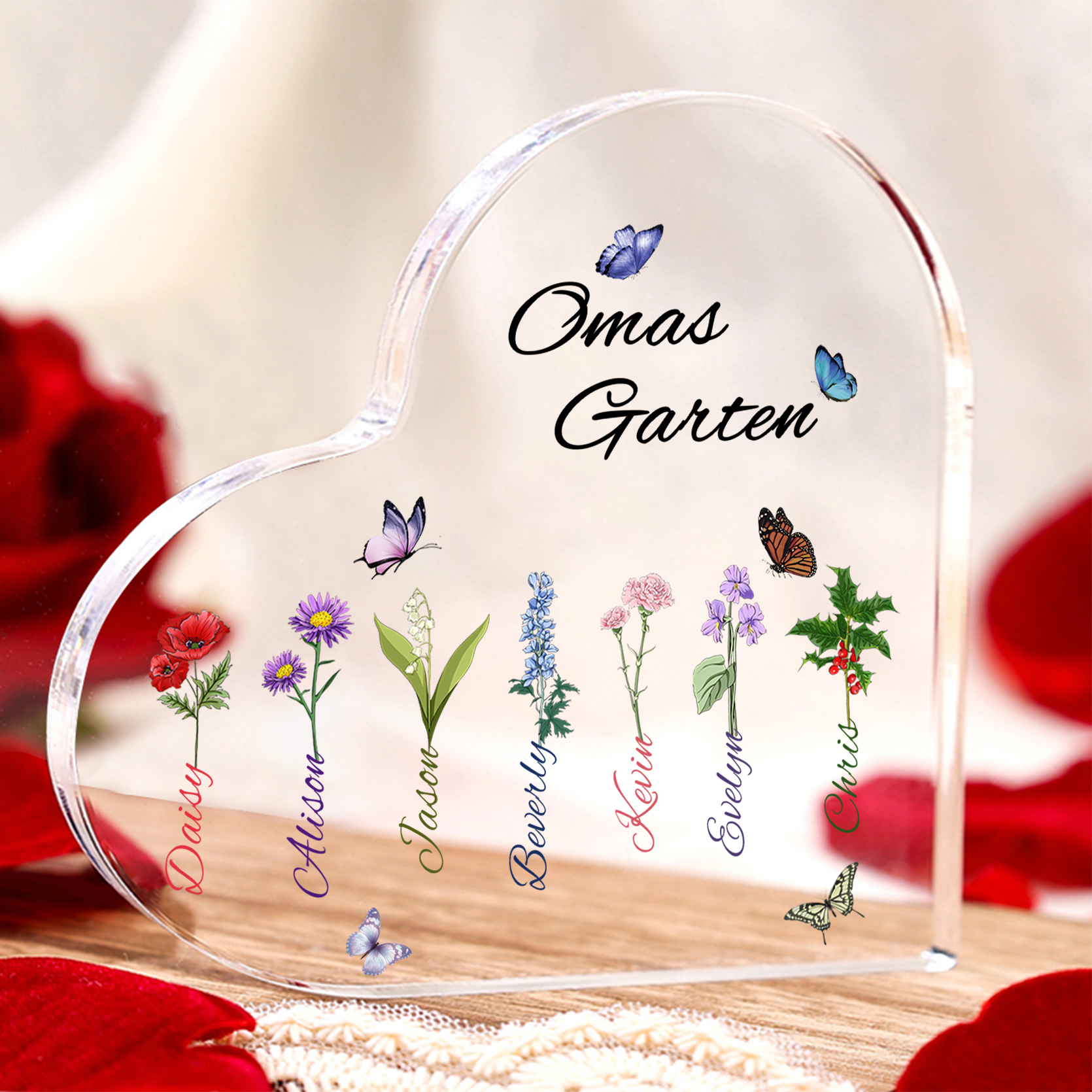 Personalisierte 7 Namen & Text & Geburtsblume Herz Acryl-Deko–Omas Garten– Schreibtischdekoration für Großmütter