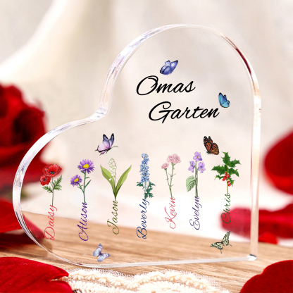 Personalisierte 7 Namen & Text & Geburtsblume Herz Acryl-Deko–Omas Garten– Schreibtischdekoration für Großmütter