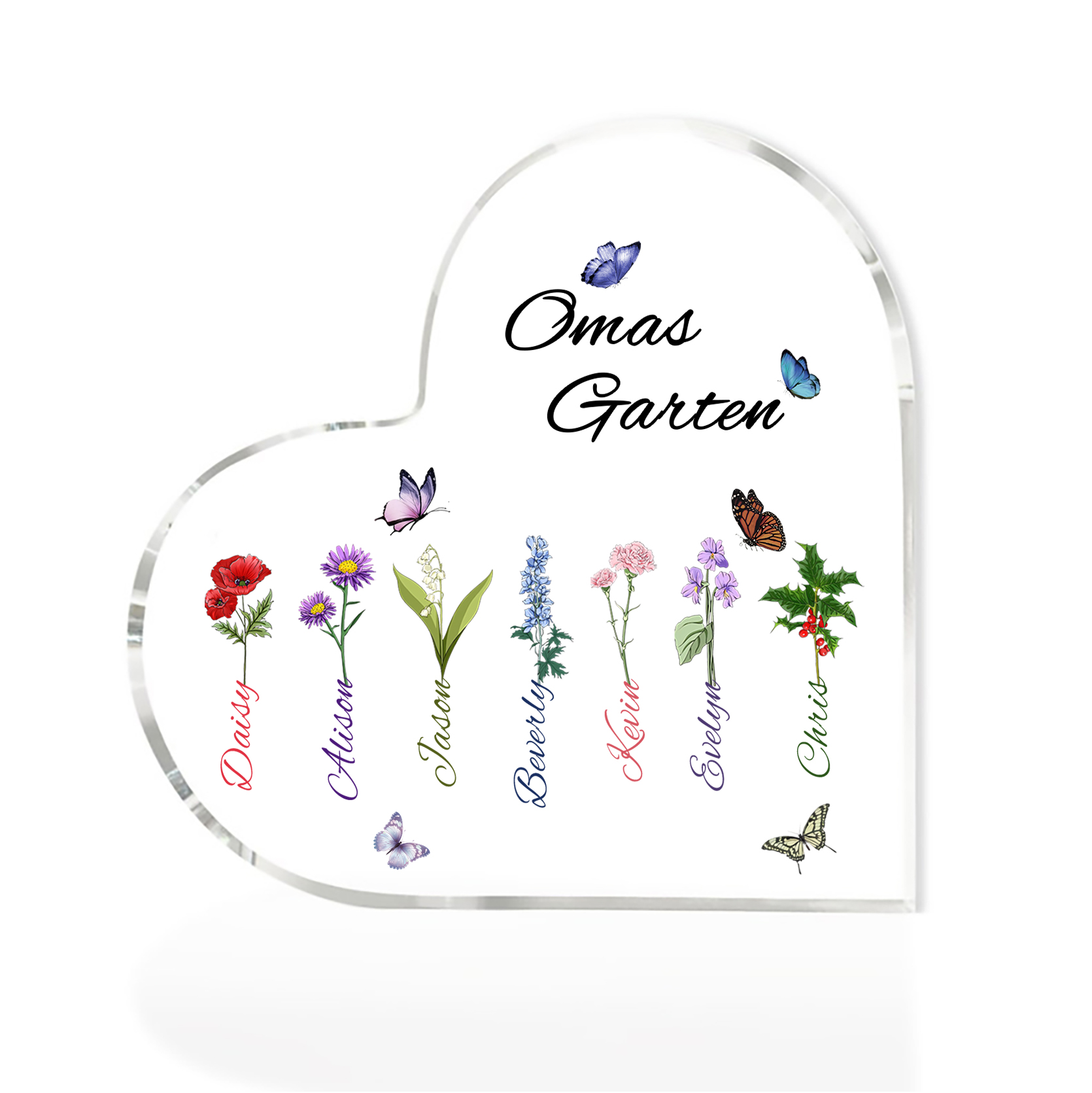 Personalisierte 7 Namen & Text & Geburtsblume Herz Acryl-Deko–Omas Garten– Schreibtischdekoration für Großmütter