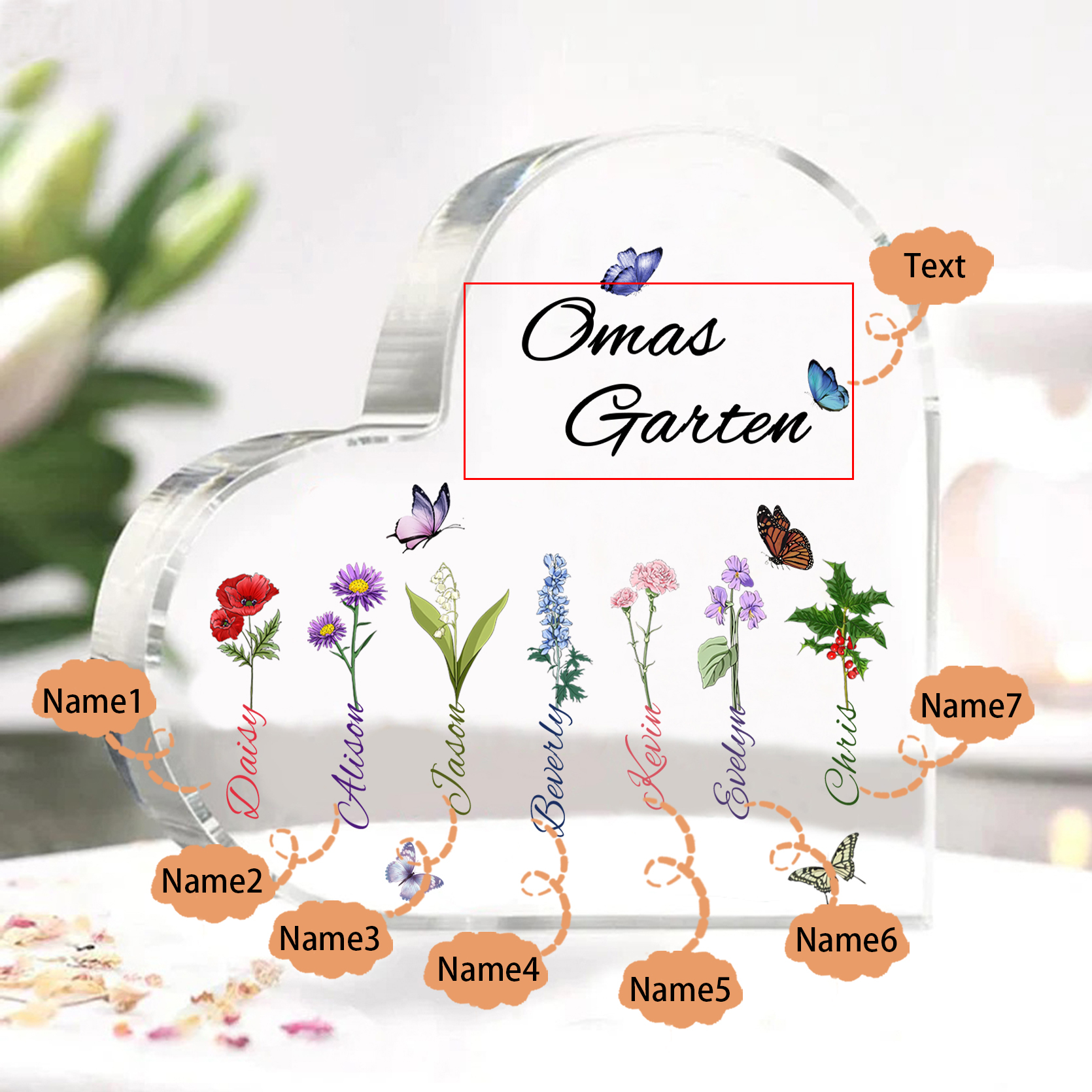 Personalisierte 7 Namen & Text & Geburtsblume Herz Acryl-Deko–Omas Garten– Schreibtischdekoration für Großmütter