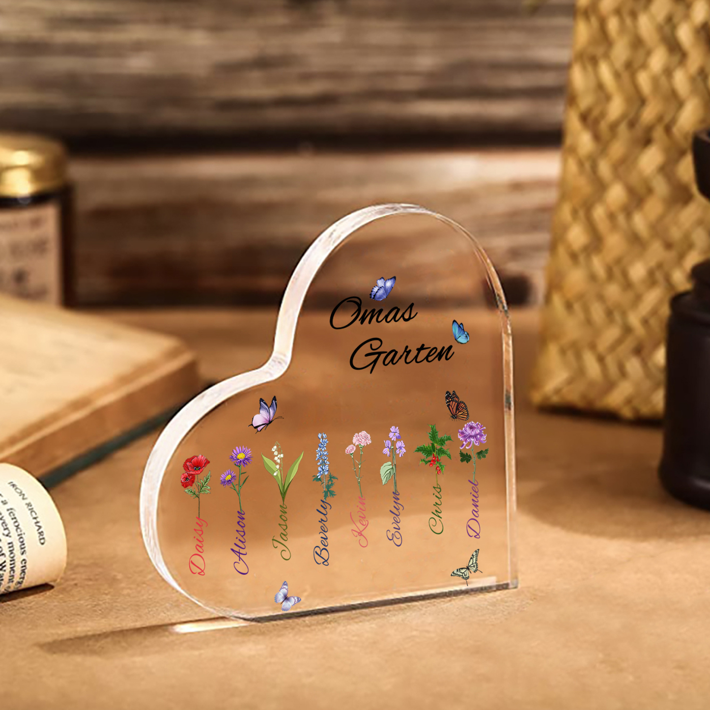 Personalisierte 8 Namen & Text & Geburtsblume Herz Acryl-Deko–Omas Garten– Schreibtischdekoration für Großmütter