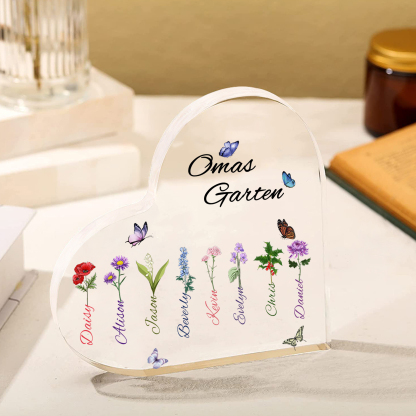 Personalisierte 8 Namen & Text & Geburtsblume Herz Acryl-Deko–Omas Garten– Schreibtischdekoration für Großmütter