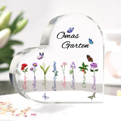 Personalisierte 8 Namen & Text & Geburtsblume Herz Acryl-Deko–Omas Garten– Schreibtischdekoration für Großmütter