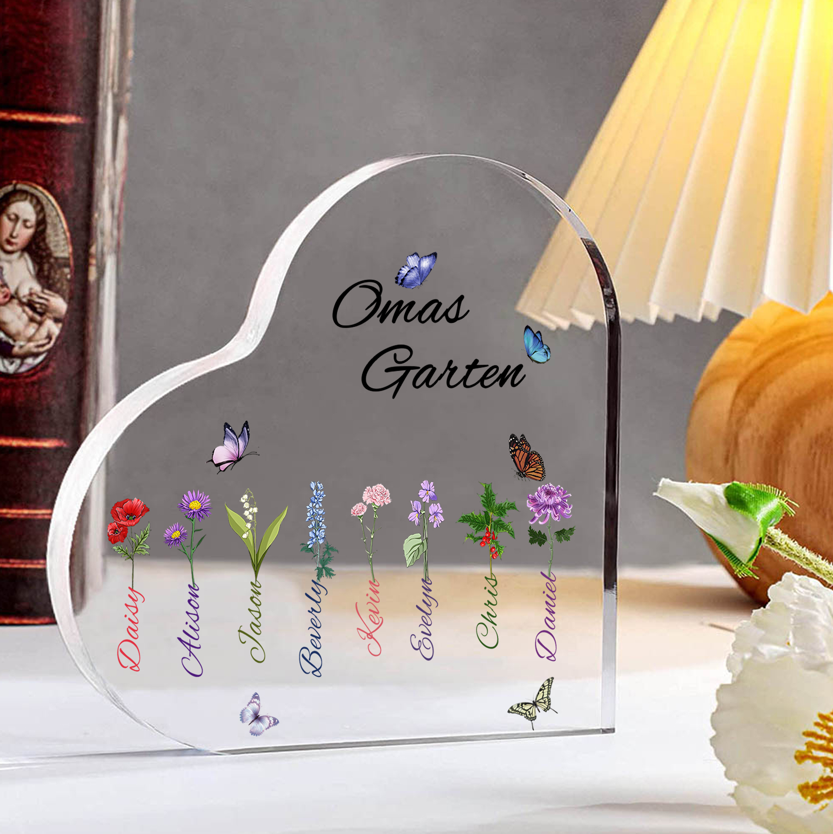 Personalisierte 8 Namen & Text & Geburtsblume Herz Acryl-Deko–Omas Garten– Schreibtischdekoration für Großmütter