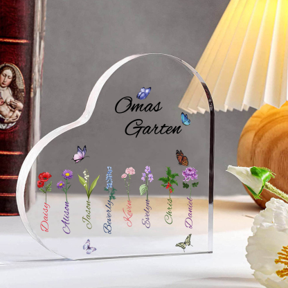 Personalisierte 8 Namen & Text & Geburtsblume Herz Acryl-Deko–Omas Garten– Schreibtischdekoration für Großmütter