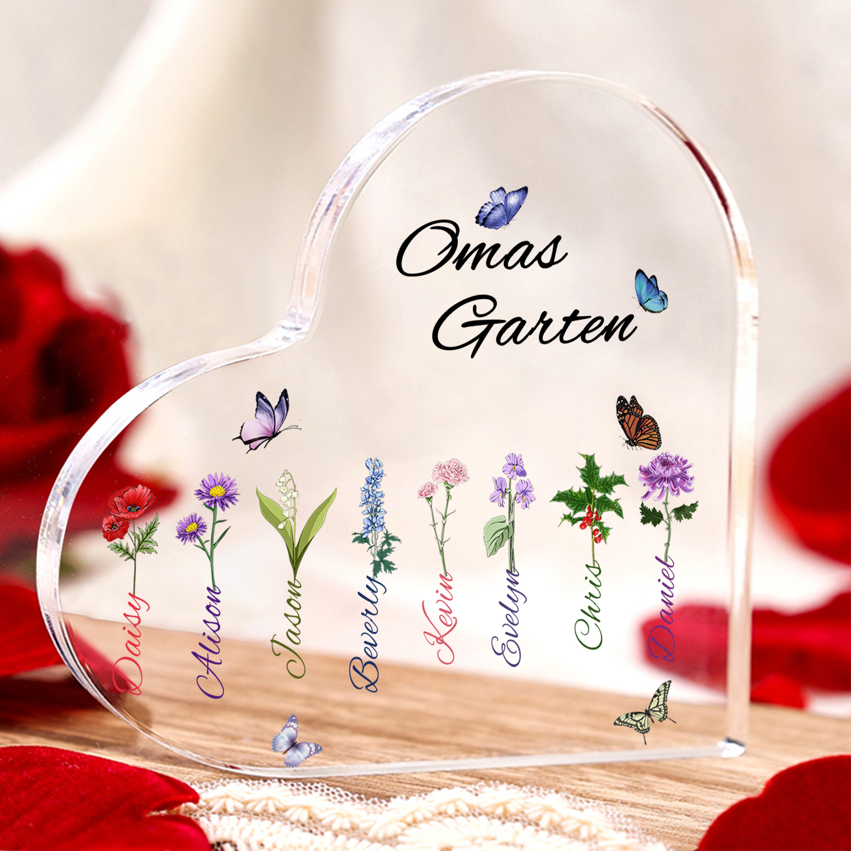 Personalisierte 8 Namen & Text & Geburtsblume Herz Acryl-Deko–Omas Garten– Schreibtischdekoration für Großmütter