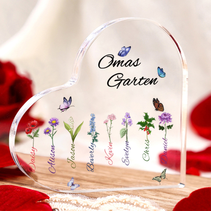 Personalisierte 8 Namen & Text & Geburtsblume Herz Acryl-Deko–Omas Garten– Schreibtischdekoration für Großmütter