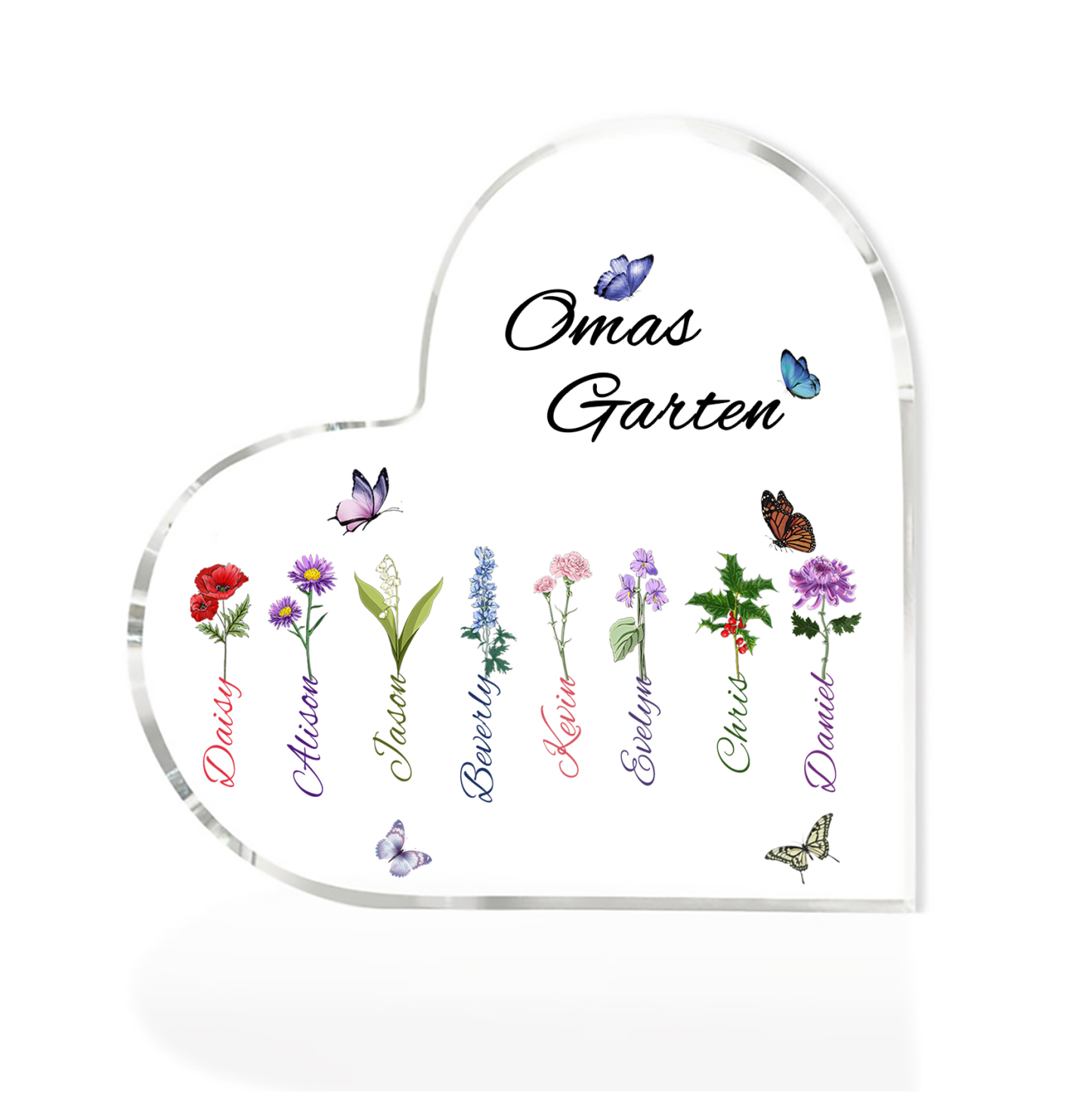 Personalisierte 8 Namen & Text & Geburtsblume Herz Acryl-Deko–Omas Garten– Schreibtischdekoration für Großmütter