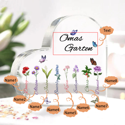 Personalisierte 8 Namen & Text & Geburtsblume Herz Acryl-Deko–Omas Garten– Schreibtischdekoration für Großmütter