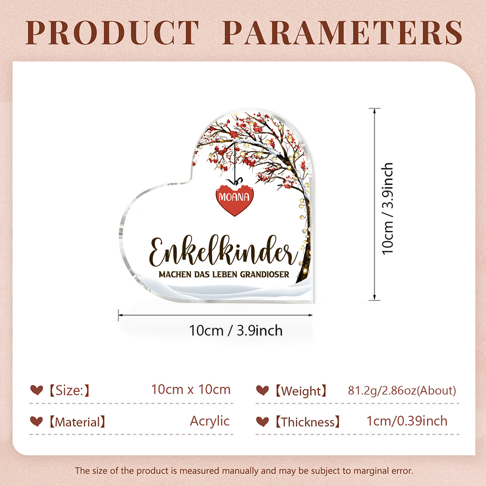 Personalisierter 1 Name & 2 Texte Herz Acryl-Deko Familienbaum–Enkelkinder machen das Leben grandioser–Schreibtischdekoration für die Familie