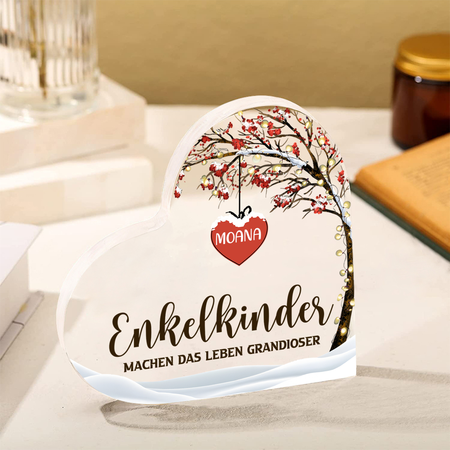 Personalisierter 1 Name & 2 Texte Herz Acryl-Deko Familienbaum–Enkelkinder machen das Leben grandioser–Schreibtischdekoration für die Familie
