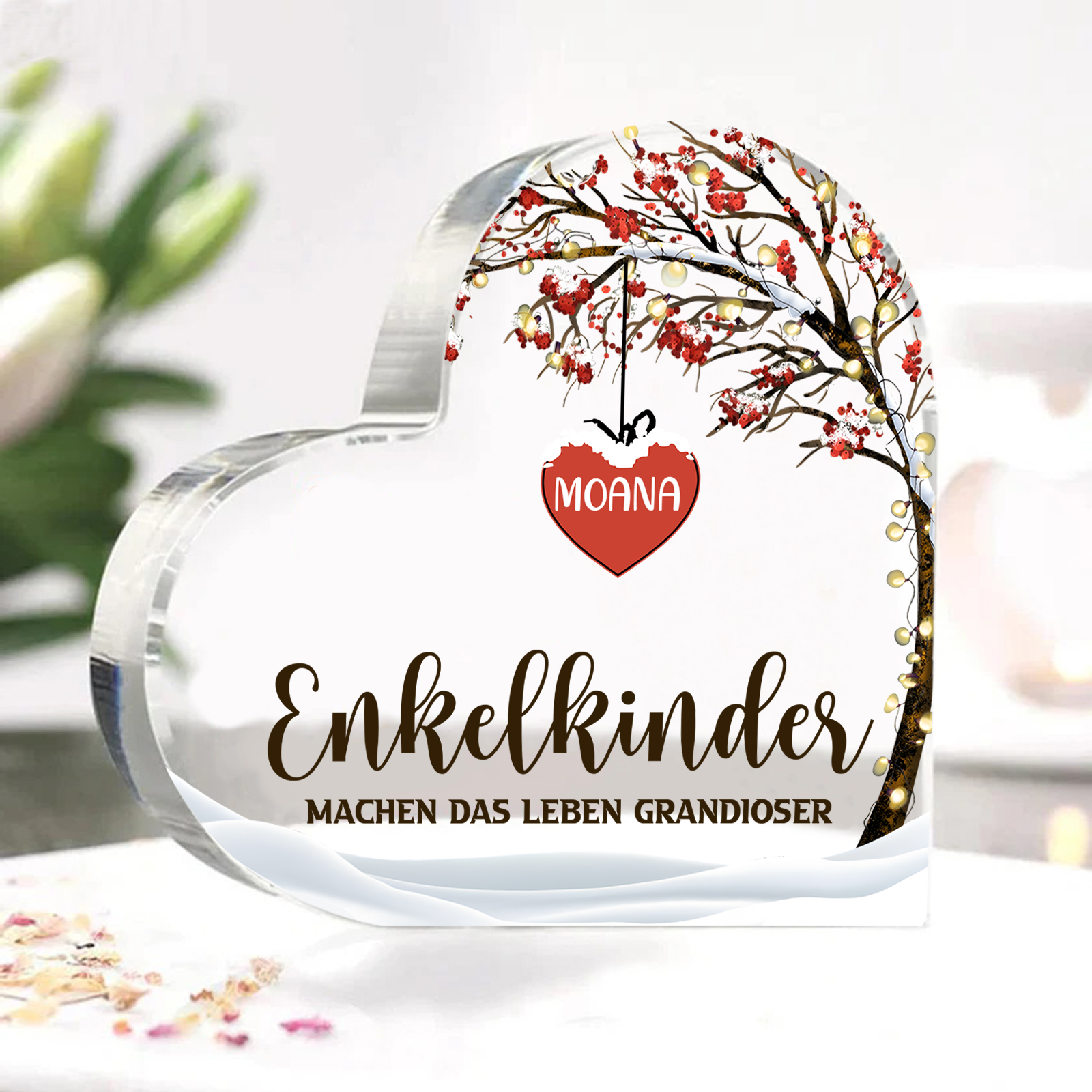 Personalisierter 1 Name & 2 Texte Herz Acryl-Deko Familienbaum–Enkelkinder machen das Leben grandioser–Schreibtischdekoration für die Familie