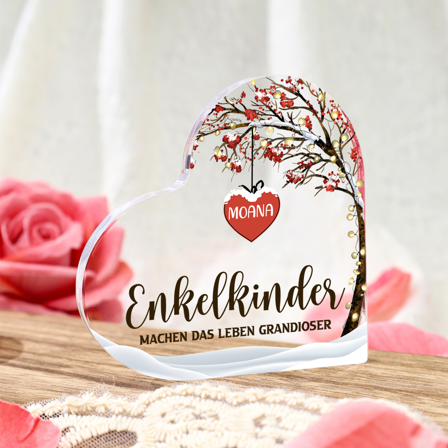 Personalisierter 1 Name & 2 Texte Herz Acryl-Deko Familienbaum–Enkelkinder machen das Leben grandioser–Schreibtischdekoration für die Familie