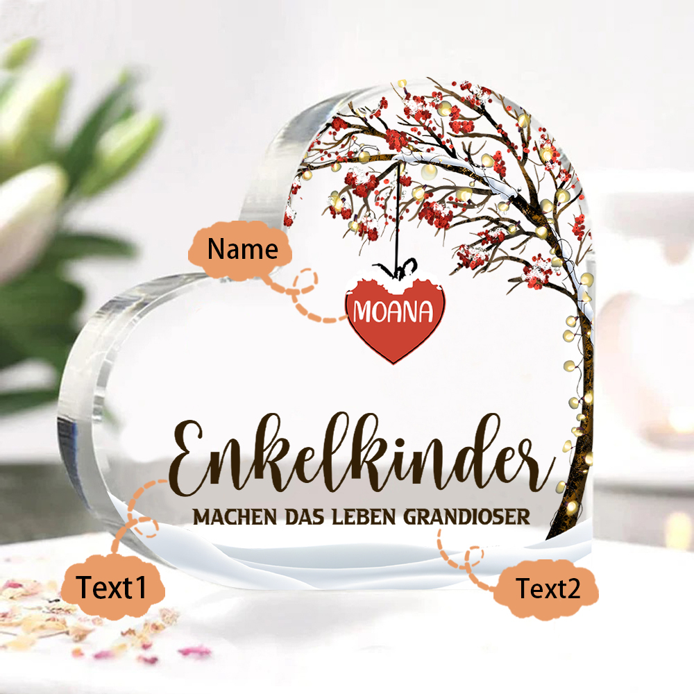 Personalisierter 1 Name & 2 Texte Herz Acryl-Deko Familienbaum–Enkelkinder machen das Leben grandioser–Schreibtischdekoration für die Familie
