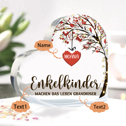 Personalisierter 1 Name & 2 Texte Herz Acryl-Deko Familienbaum–Enkelkinder machen das Leben grandioser–Schreibtischdekoration für die Familie