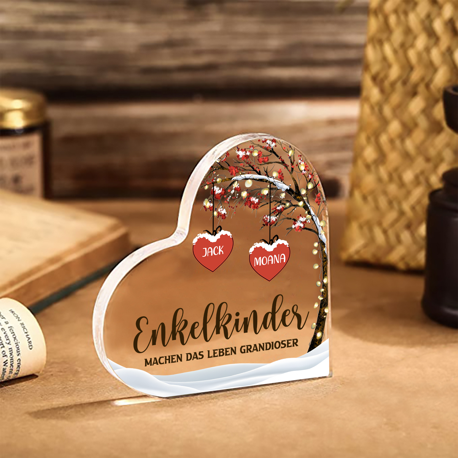 Personalisierte 2 Namen & 2 Texte Herz Acryl-Deko Familienbaum–Enkelkinder machen das Leben grandioser–Schreibtischdekoration für die Familie