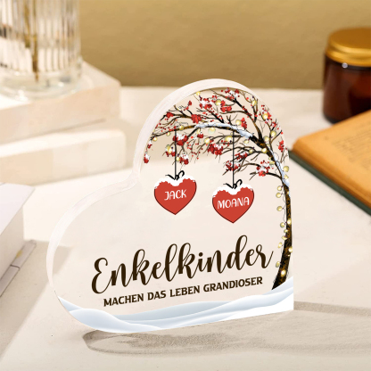 Personalisierte 2 Namen & 2 Texte Herz Acryl-Deko Familienbaum–Enkelkinder machen das Leben grandioser–Schreibtischdekoration für die Familie