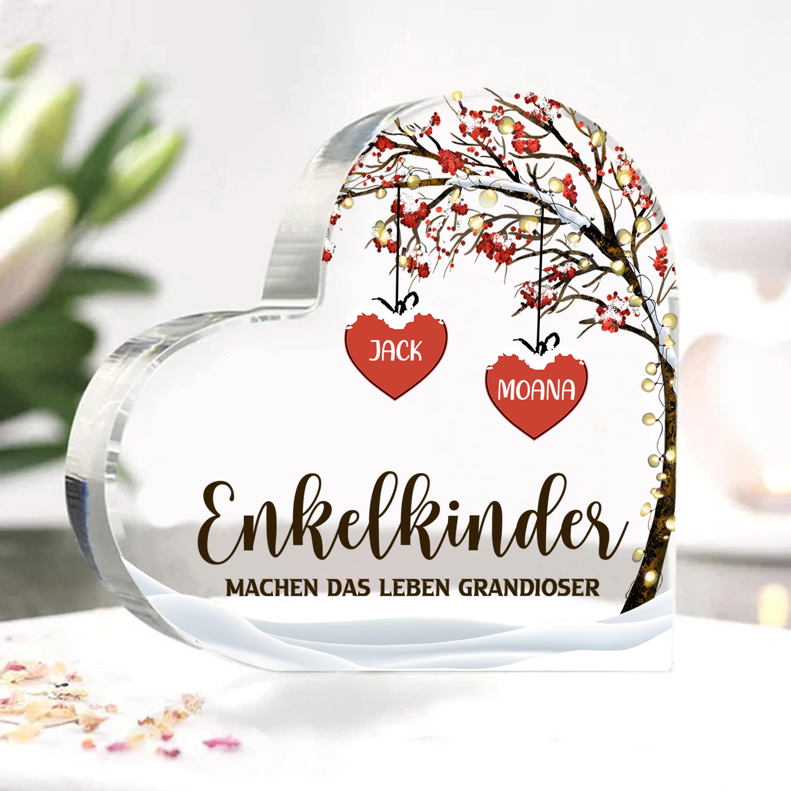 Personalisierte 2 Namen & 2 Texte Herz Acryl-Deko Familienbaum–Enkelkinder machen das Leben grandioser–Schreibtischdekoration für die Familie