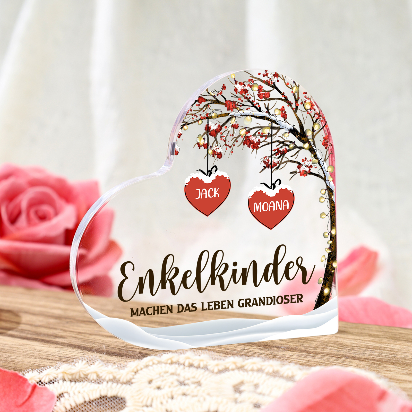 Personalisierte 2 Namen & 2 Texte Herz Acryl-Deko Familienbaum–Enkelkinder machen das Leben grandioser–Schreibtischdekoration für die Familie