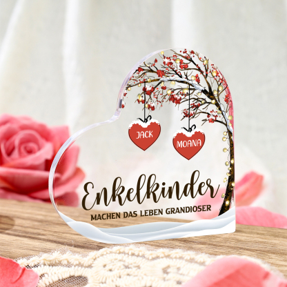 Personalisierte 2 Namen & 2 Texte Herz Acryl-Deko Familienbaum–Enkelkinder machen das Leben grandioser–Schreibtischdekoration für die Familie