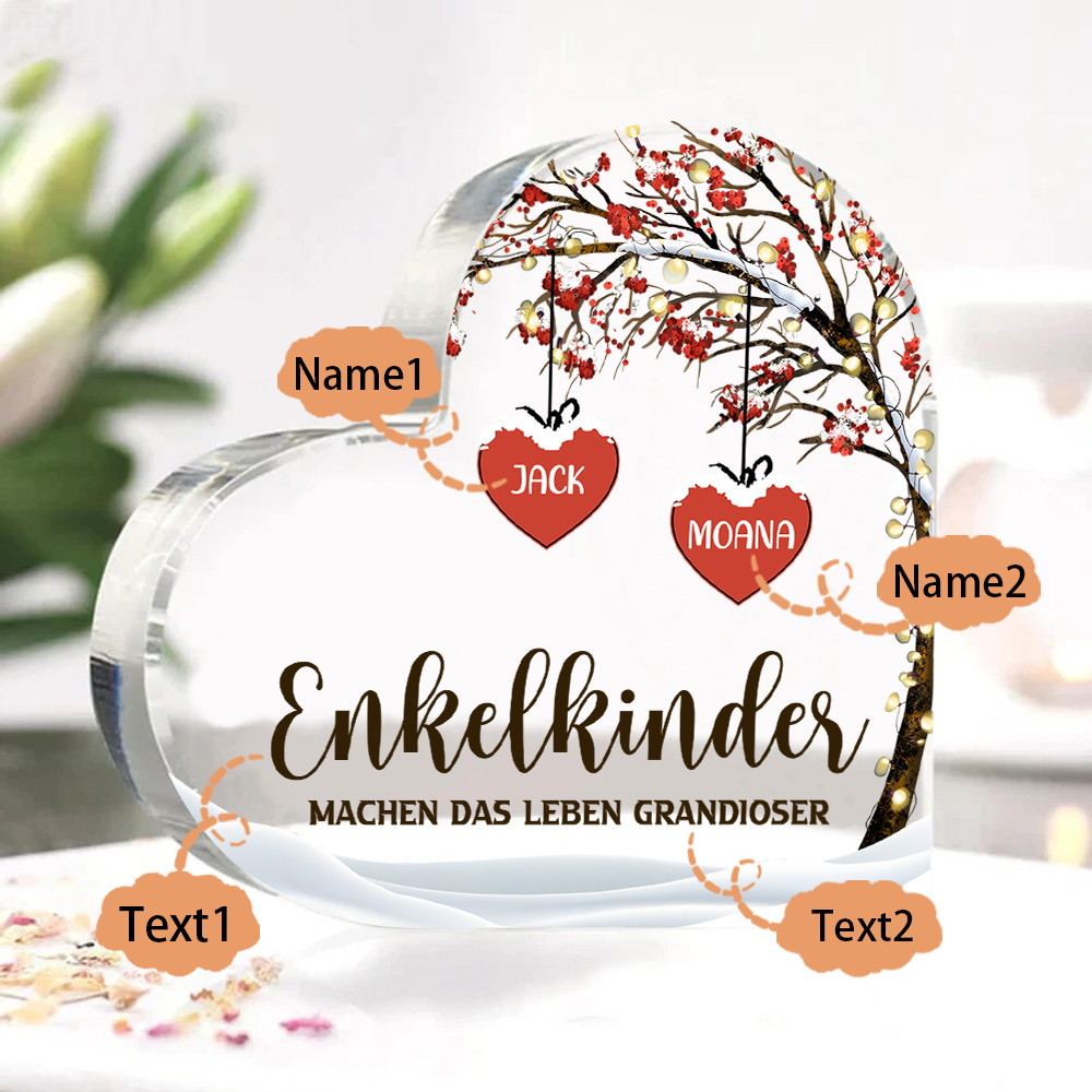 Personalisierte 2 Namen & 2 Texte Herz Acryl-Deko Familienbaum–Enkelkinder machen das Leben grandioser–Schreibtischdekoration für die Familie