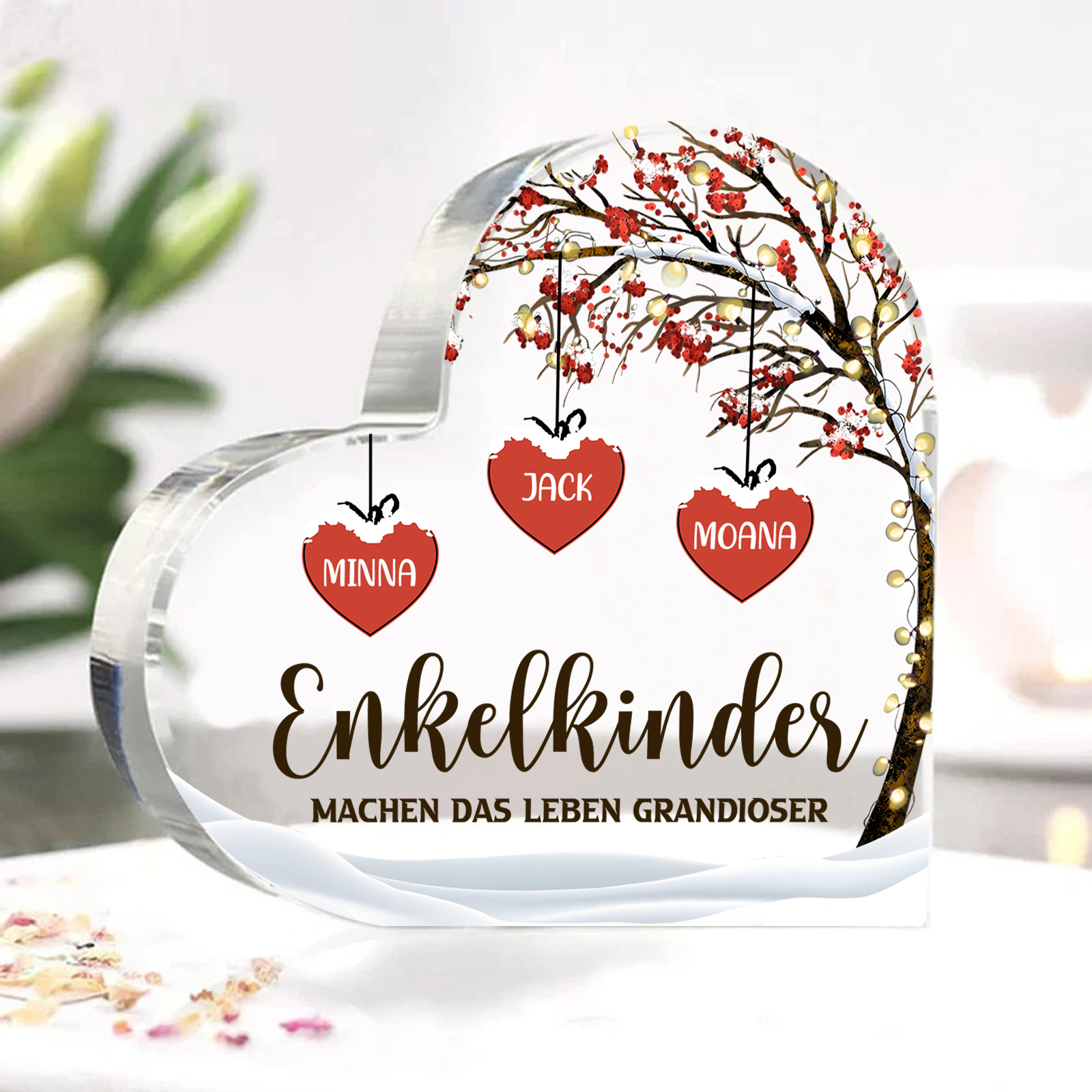Personalisierte 3 Namen & 2 Texte Herz Acryl-Deko Familienbaum–Enkelkinder machen das Leben grandioser–Schreibtischdekoration für die Familie