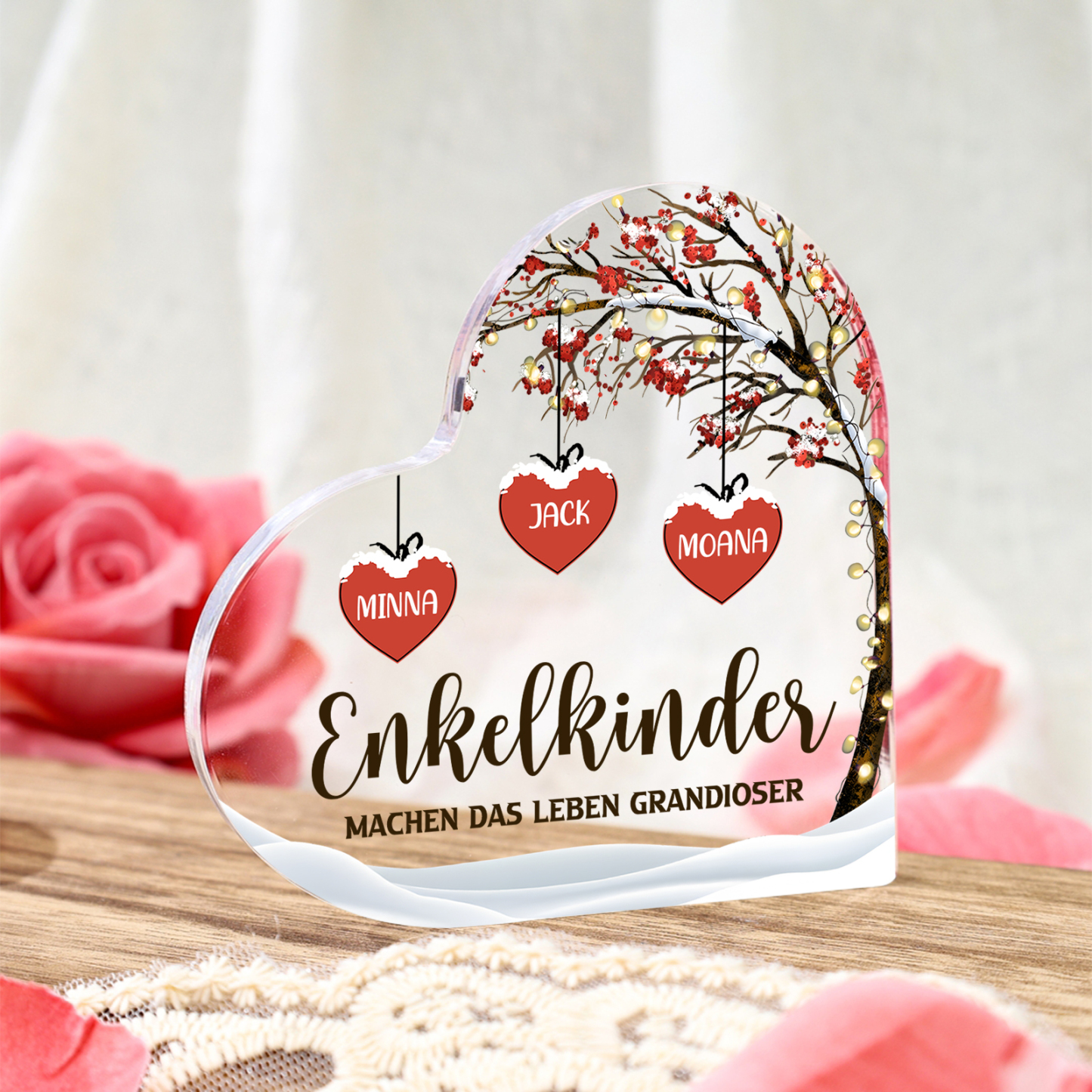 Personalisierte 3 Namen & 2 Texte Herz Acryl-Deko Familienbaum–Enkelkinder machen das Leben grandioser–Schreibtischdekoration für die Familie