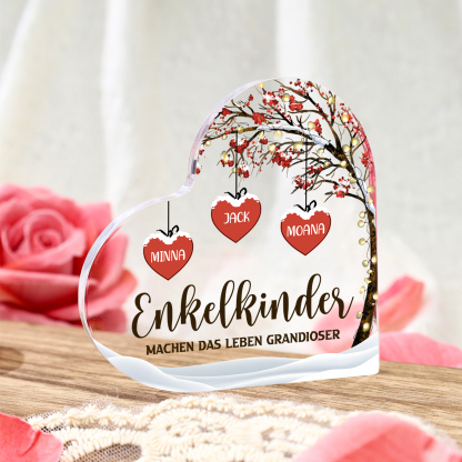 Personalisierte 3 Namen & 2 Texte Herz Acryl-Deko Familienbaum–Enkelkinder machen das Leben grandioser–Schreibtischdekoration für die Familie