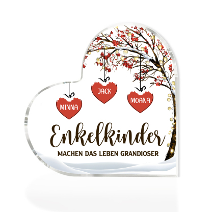 Personalisierte 3 Namen & 2 Texte Herz Acryl-Deko Familienbaum–Enkelkinder machen das Leben grandioser–Schreibtischdekoration für die Familie
