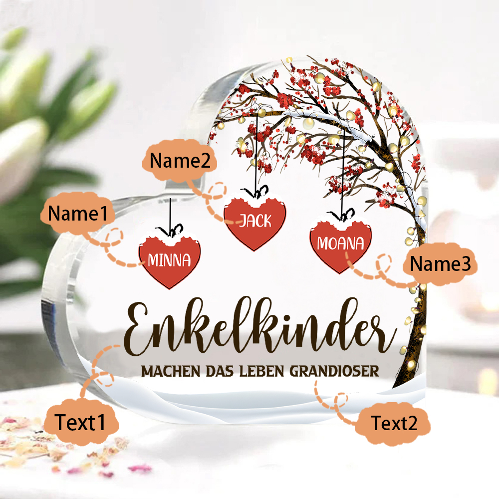 Personalisierte 3 Namen & 2 Texte Herz Acryl-Deko Familienbaum–Enkelkinder machen das Leben grandioser–Schreibtischdekoration für die Familie