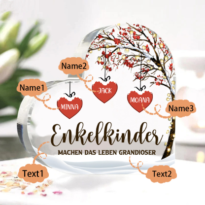 Personalisierte 3 Namen & 2 Texte Herz Acryl-Deko Familienbaum–Enkelkinder machen das Leben grandioser–Schreibtischdekoration für die Familie