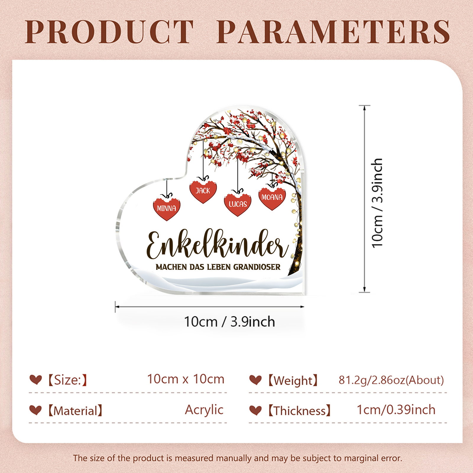 Personalisierte 4 Namen & 2 Texte Herz Acryl-Deko Familienbaum–Enkelkinder machen das Leben grandioser–Schreibtischdekoration für die Familie
